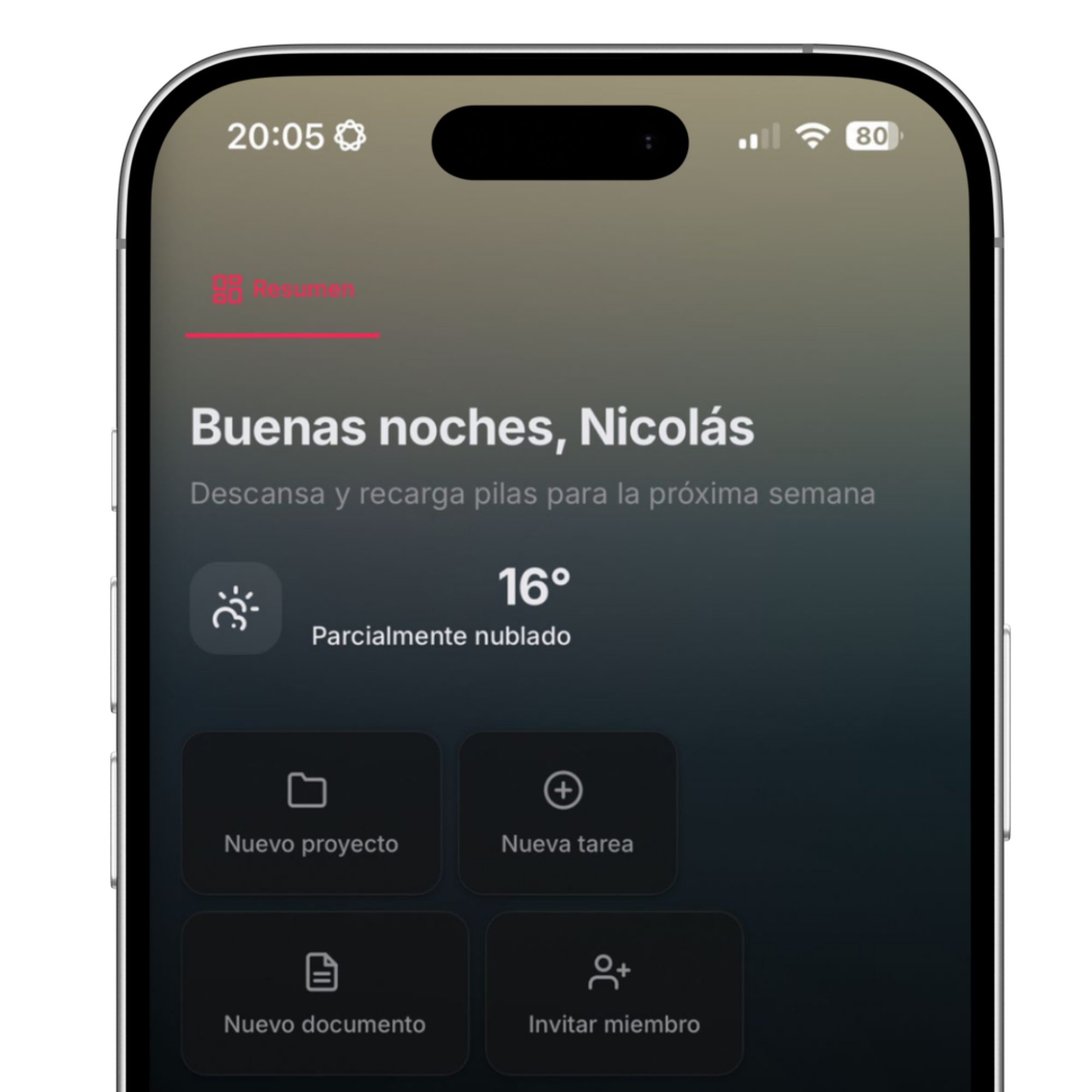 Panel de inicio de Projekt en iPhone 15 Pro